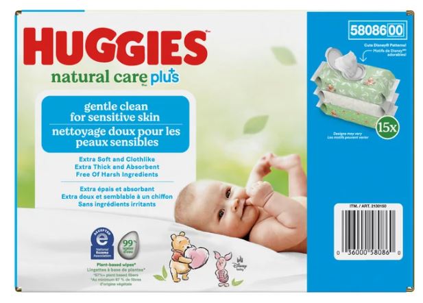 Huggies Natural Care Plus Wipes, 15 packs of 72