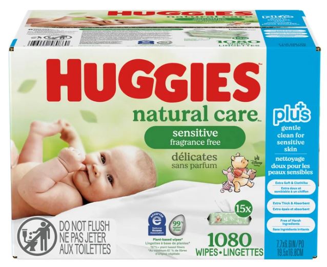 Huggies Natural Care Plus Wipes, 15 packs of 72